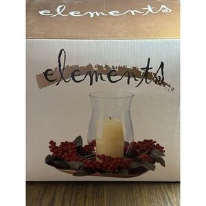 Elements Glass Hurricane Candle Holder with Red BerryWreath Center Piece 9.5 New